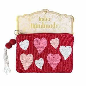 🦋Beaded Red with hearts
 Pouch with Tassel & Bag Charm Clip